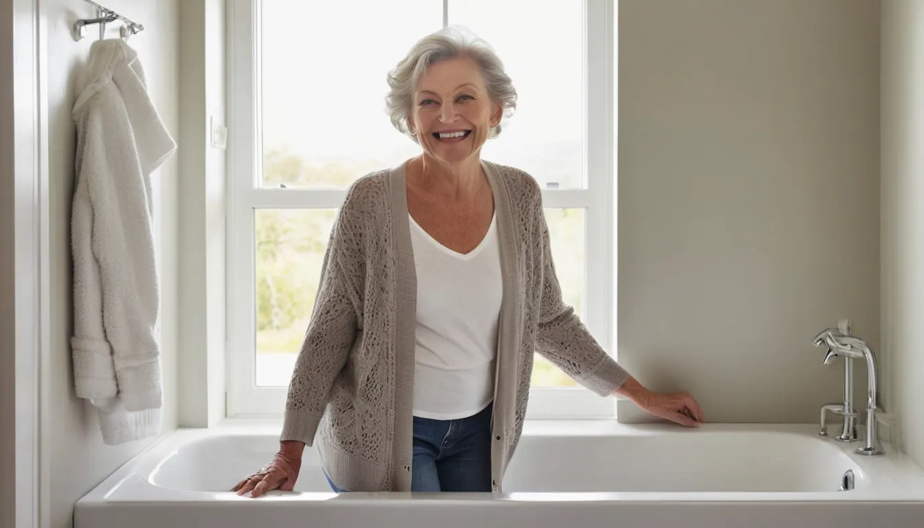 Older homeowner stepping into a walk-in tub in a bright bathroom in the Hamilton area